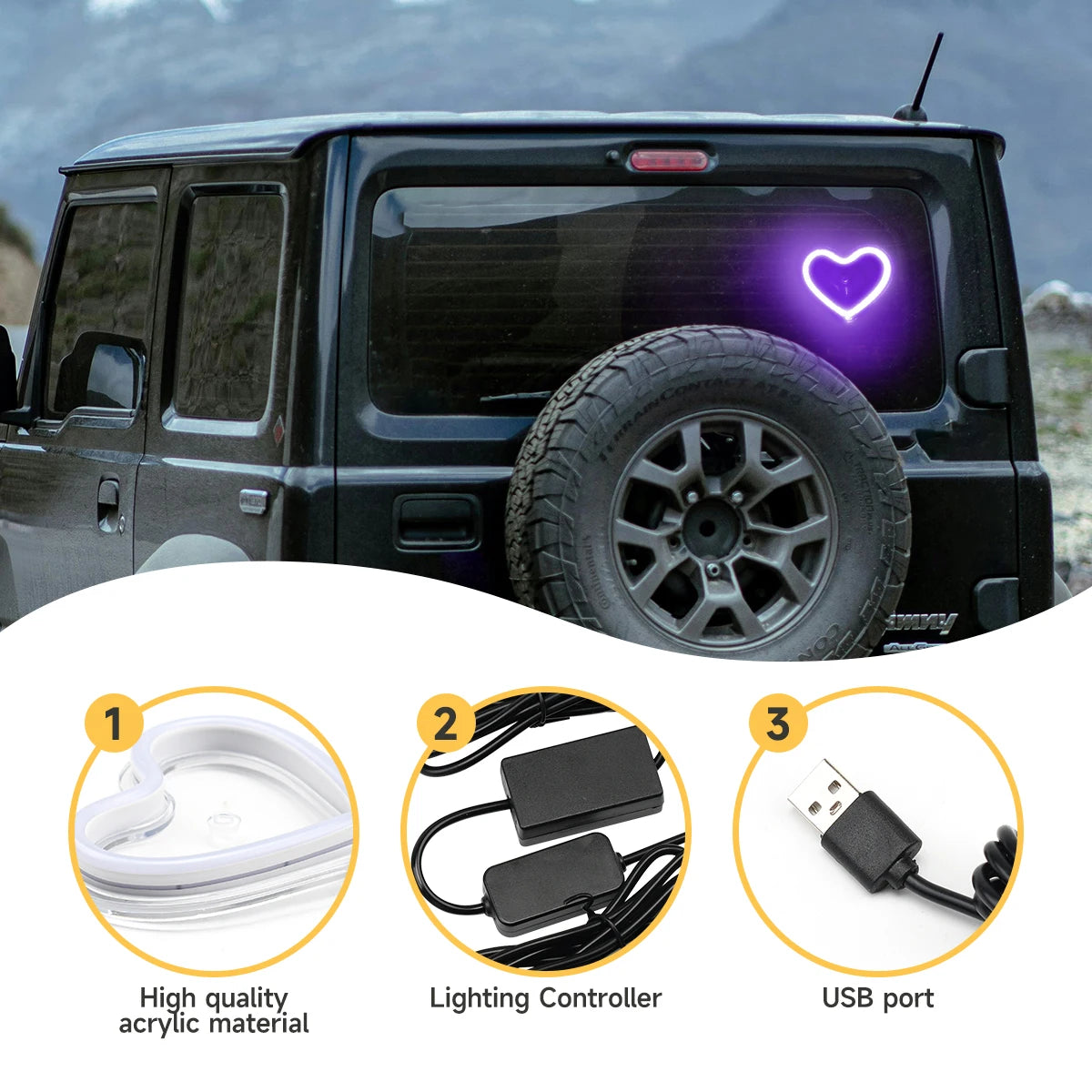 USB Car LED Window Light Car Interior Decoration Ambient Light Flashing Glowing Heart-shape Lighting Atmosphere Lamp LED Sign