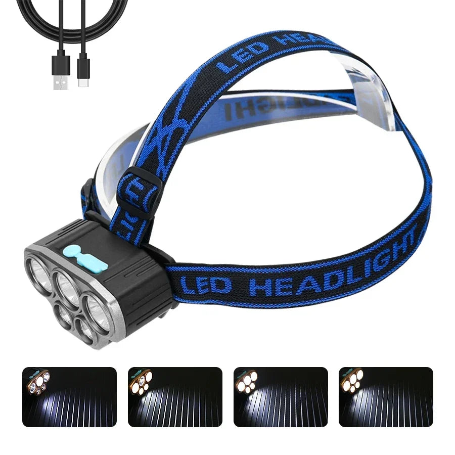 5 LED Strong Light Headlamp Built in 18650 Battery USB Rechargeable Head Flashlight Outdoor Ultra Bright Fishing Camping Lamp