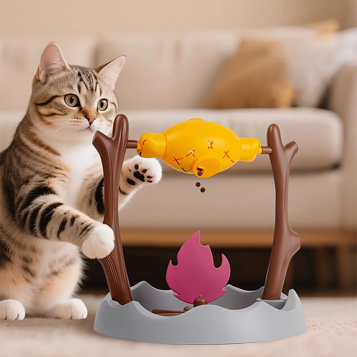 Outdoor BBQ Shaped Interactive Cat Toy - Rolling Food Dispenser with Hidden Treats DIY Chew Toy for Kittens Christmas Gift Idea