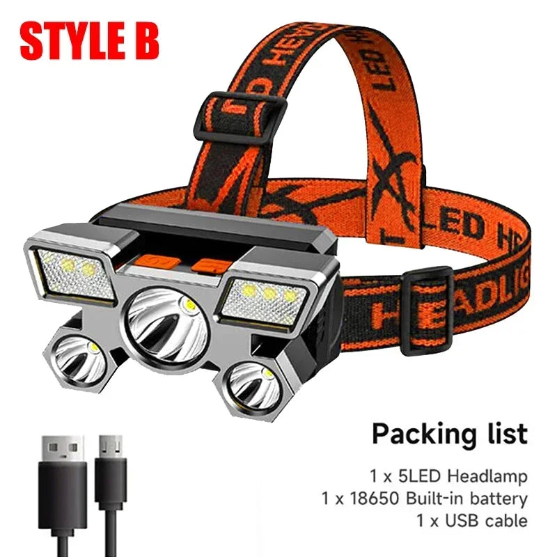 5 LED Strong Light Headlamp Built in 18650 Battery USB Rechargeable Head Flashlight Outdoor Ultra Bright Fishing Camping Lamp