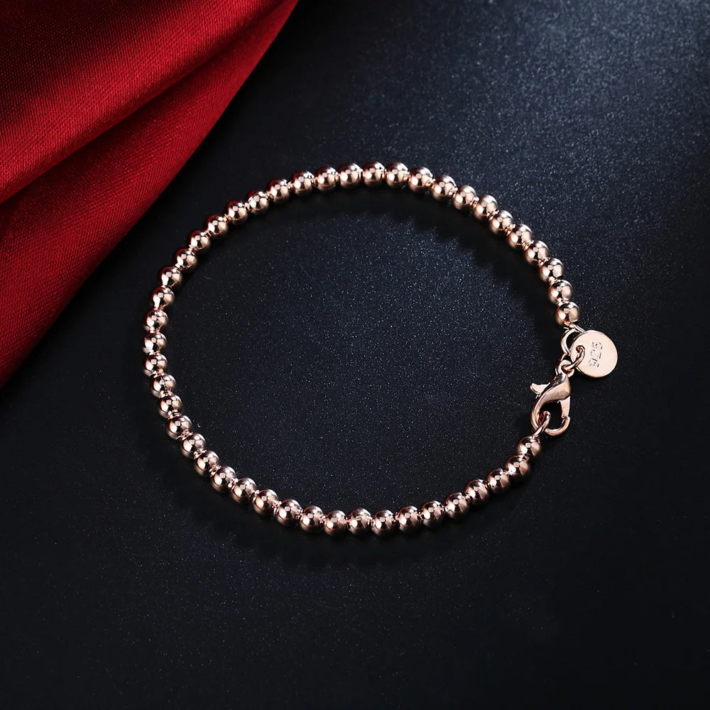 925 sterling Silver 18K gold color 4MM beads Chain Bracelets for Women Fashion Party Wedding Accessories Jewelry Christmas Gifts
