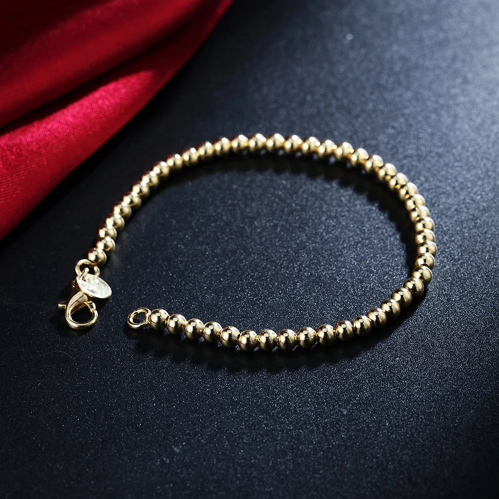 925 sterling Silver 18K gold color 4MM beads Chain Bracelets for Women Fashion Party Wedding Accessories Jewelry Christmas Gifts