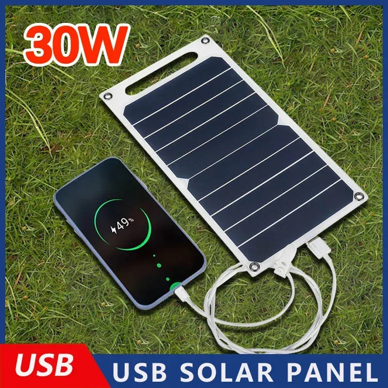 LED 30W Solar Panel With USB Waterproof Outdoor Hiking And Camping Portable Battery Mobile Phone Charging Bank Charging Panel 6.8V