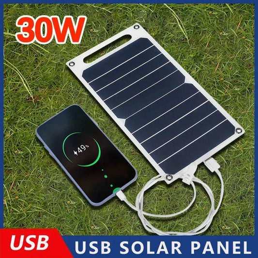 LED 30W Solar Panel With USB Waterproof Outdoor Hiking And Camping Portable Battery Mobile Phone Charging Bank Charging Panel 6.8V