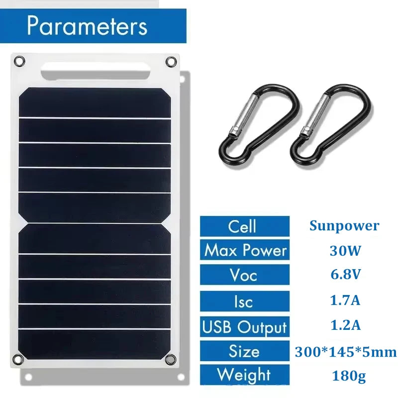 LED 30W Solar Panel With USB Waterproof Outdoor Hiking And Camping Portable Battery Mobile Phone Charging Bank Charging Panel 6.8V