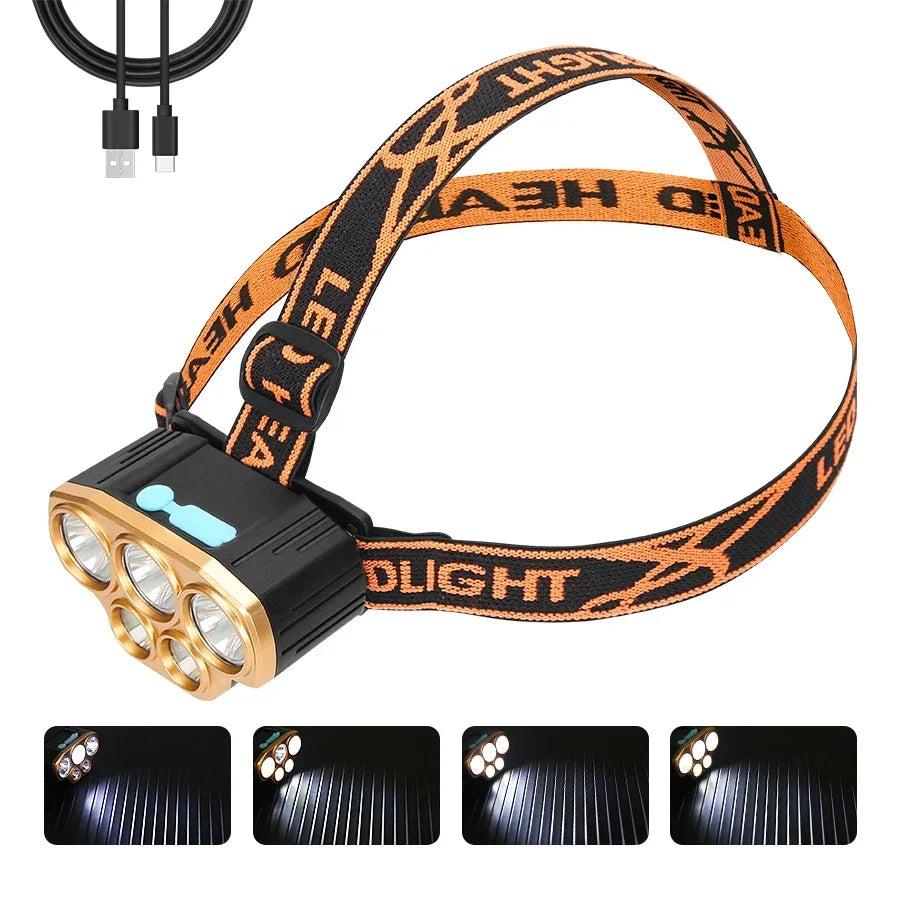 5 LED Strong Light Headlamp Built in 18650 Battery USB Rechargeable Head Flashlight Outdoor Ultra Bright Fishing Camping Lamp