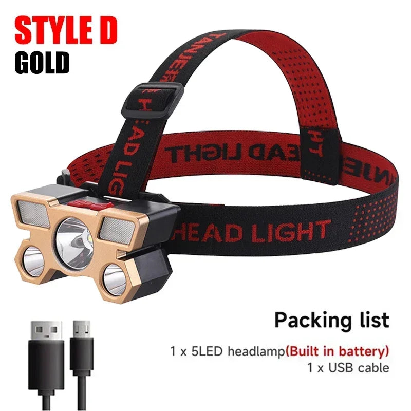 5 LED Strong Light Headlamp Built in 18650 Battery USB Rechargeable Head Flashlight Outdoor Ultra Bright Fishing Camping Lamp
