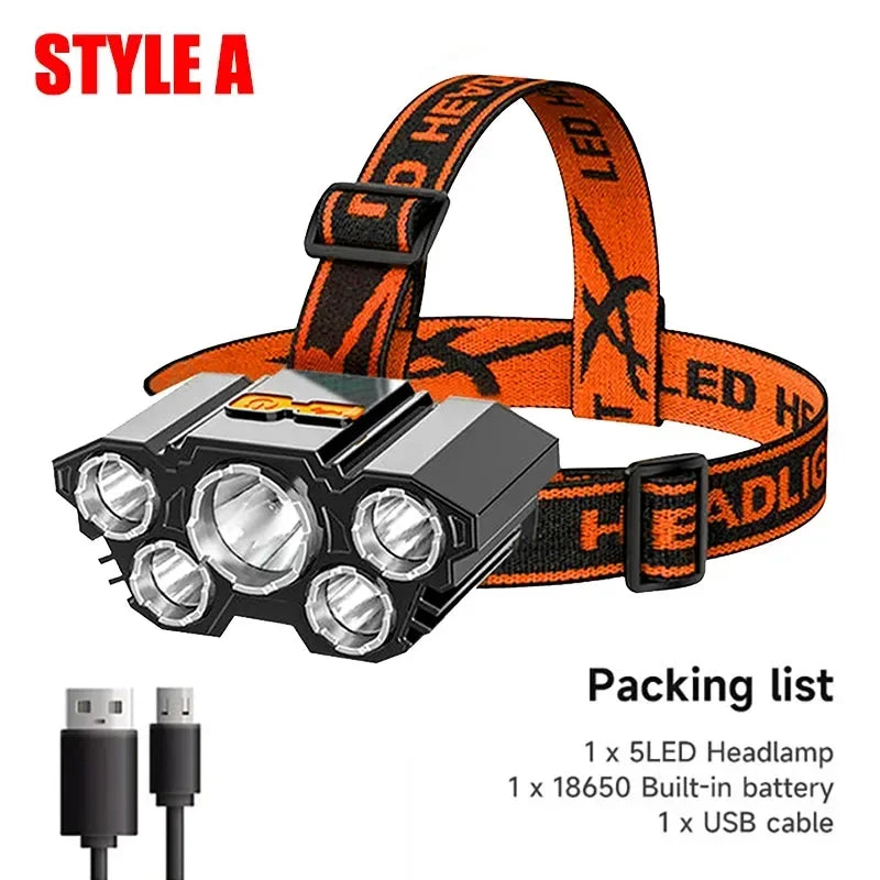 5 LED Strong Light Headlamp Built in 18650 Battery USB Rechargeable Head Flashlight Outdoor Ultra Bright Fishing Camping Lamp