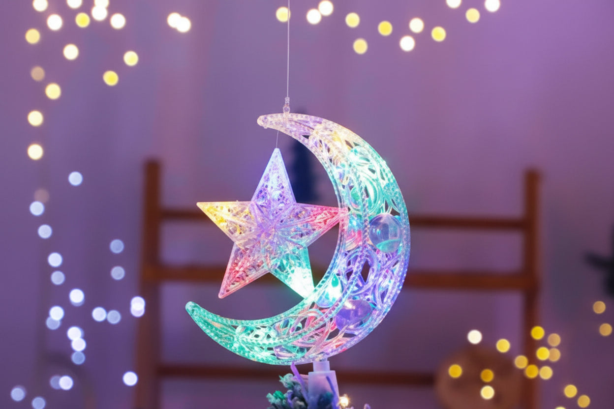 Christmas Star Tree Topper Lights LED Glowing Star Moon Lamp Night Light Xmas Tree Top Ornaments New Year Home Party Decor
