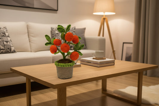 Artificial Crochet Orange Plants Bonsai Fake Flowers Potted For Bedroom Home Garden Living Room Desk Outdoor New Year Decoration