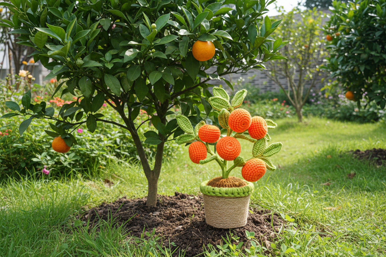 Artificial Crochet Orange Plants Bonsai Fake Flowers Potted For Bedroom Home Garden Living Room Desk Outdoor New Year Decoration