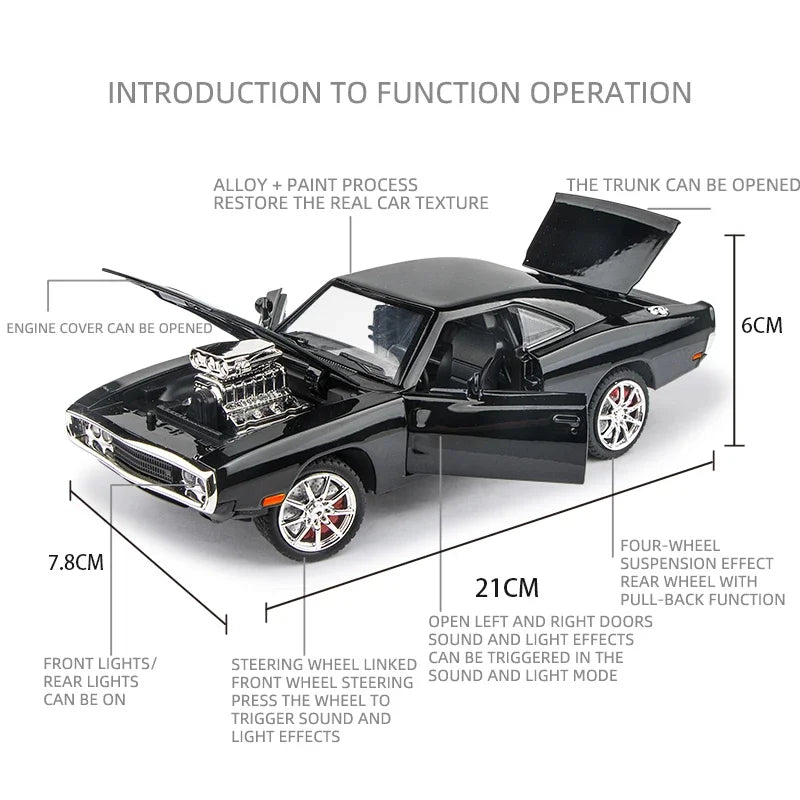 Dodge Charger 1970 1:24 American Super Muscle Car Alloy Diecast Model Toys Sound & Light Simulation Christmas Gifts for Kids